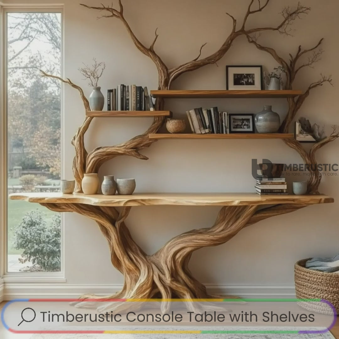 Elarion Tree Trunk Sculpted Solid Wood Console Table with Shelves