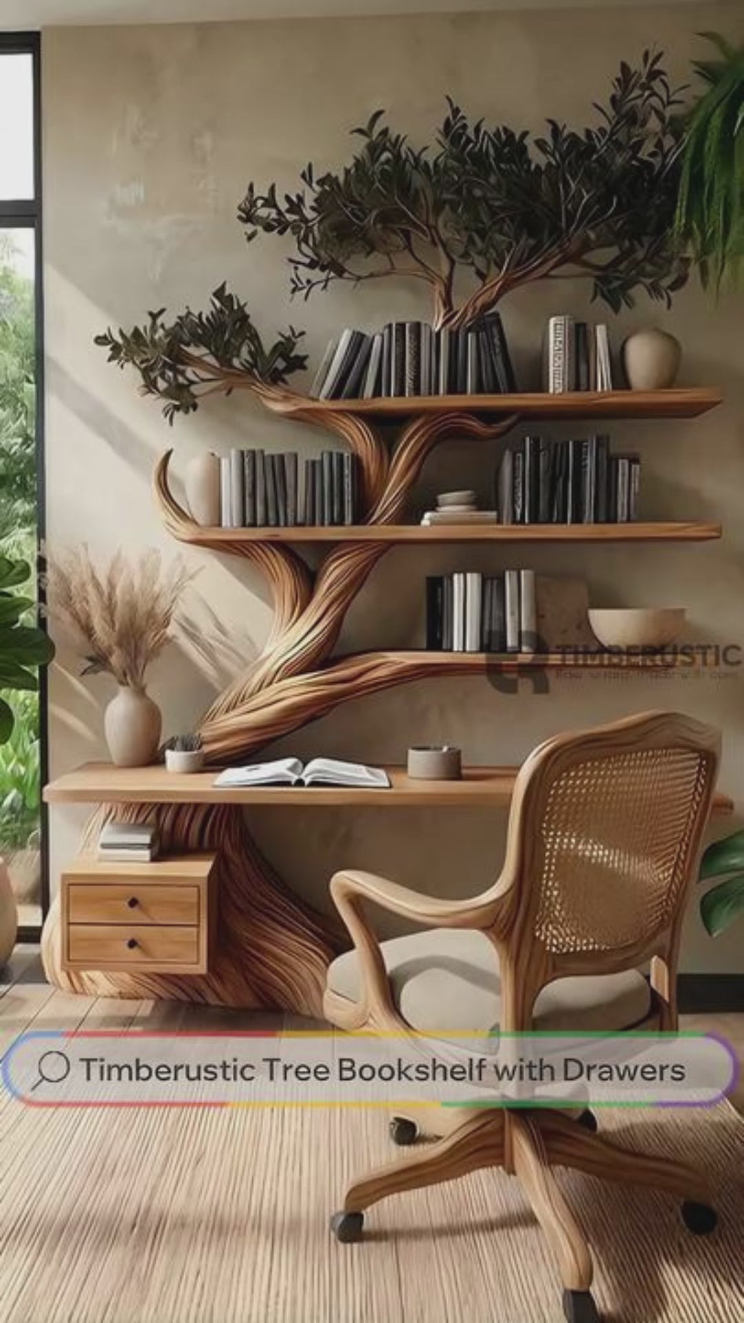 Virelith Sculpted Solid Wood Tree Bookshelf with Drawers