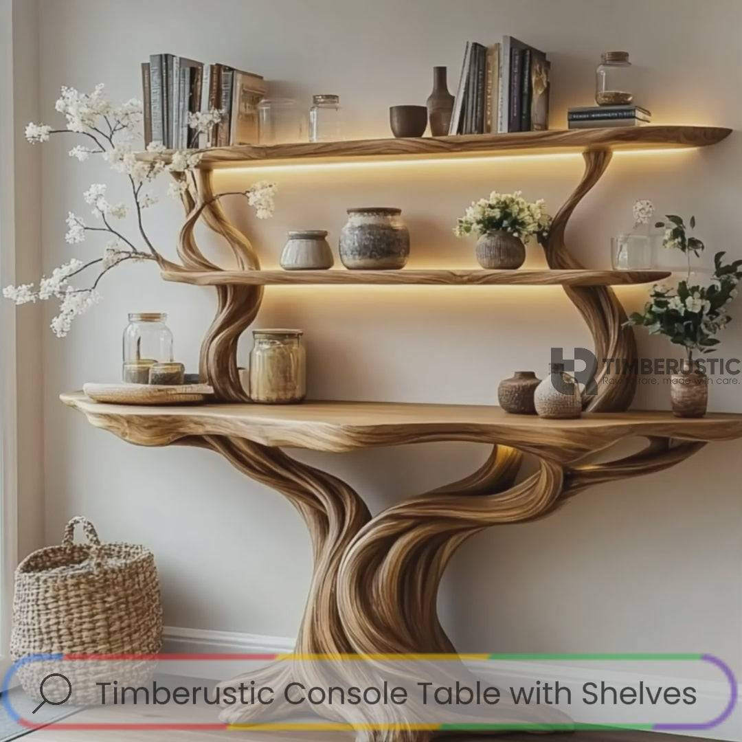 Elowen Sculpted Solid Wood Console Table with Shelves