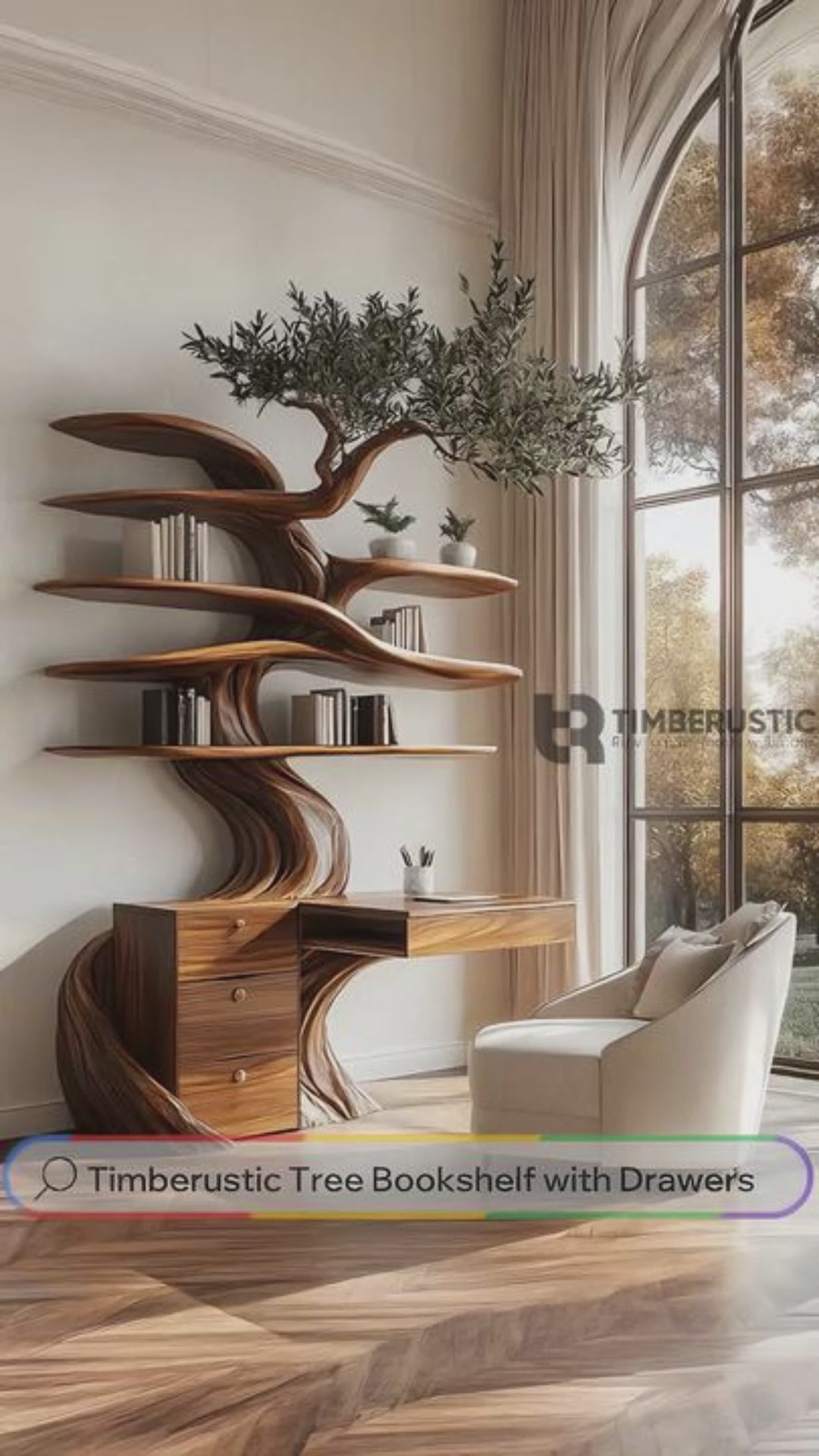 Arborell Organic Modern Tree Bookshelf with Drawers