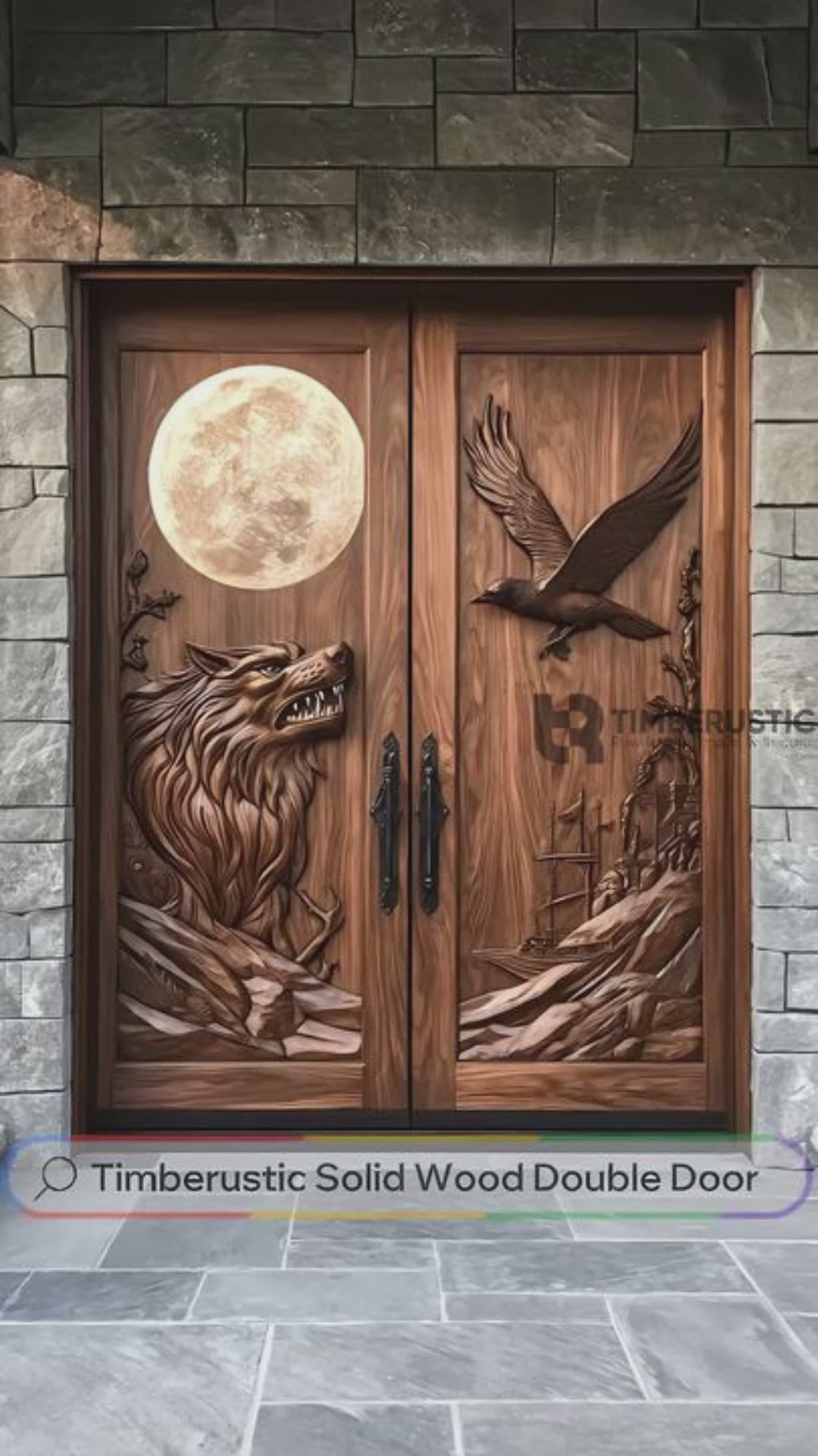 Lunavor Handcrafted Solid Wood Wolf and Raven Double Doors