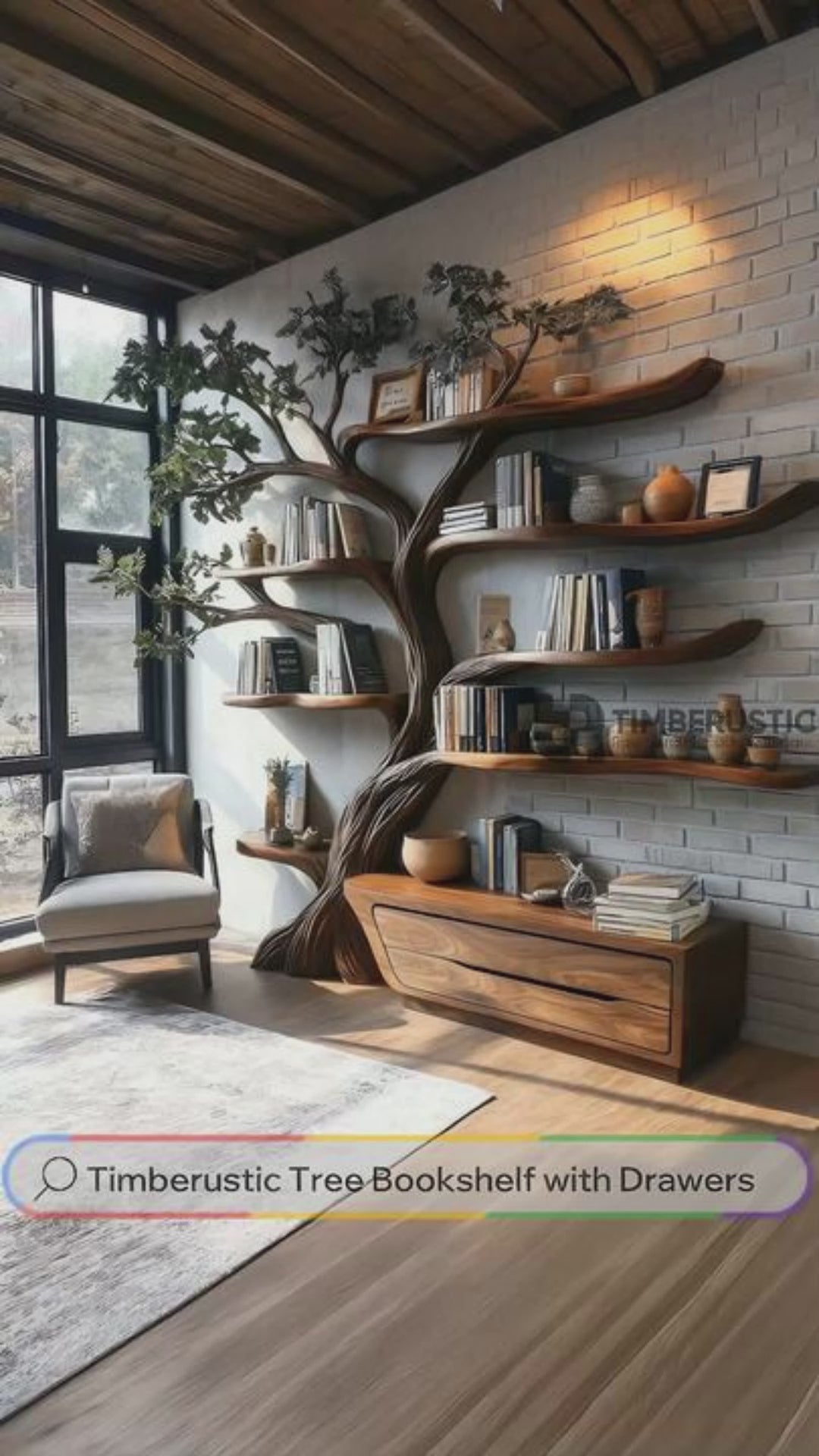 Mythravel Sculpted Solid Wood Tree Bookshelf with Drawers