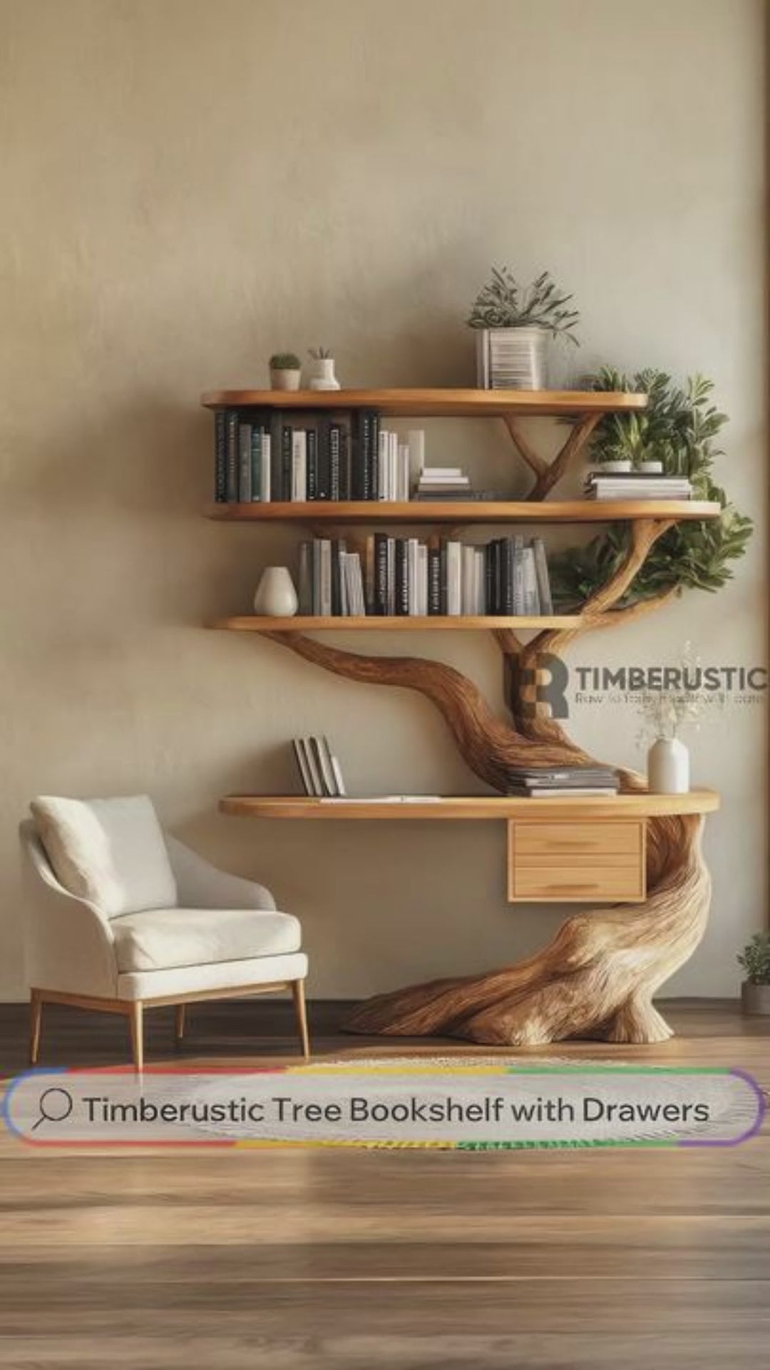 Eryndor Sculpted Solid Wood Tree Bookshelf with Drawers