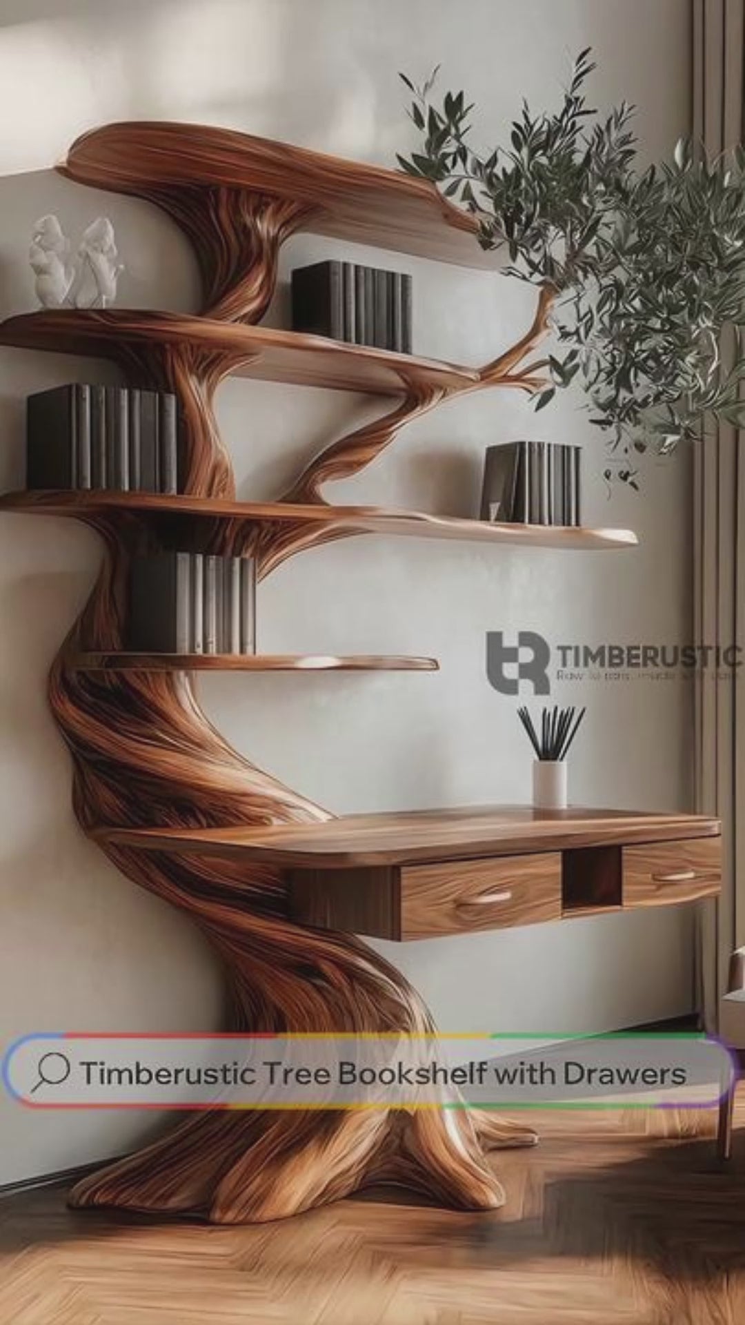 Caelrith Sculpted Solid Wood Tree Bookshelf with Drawers