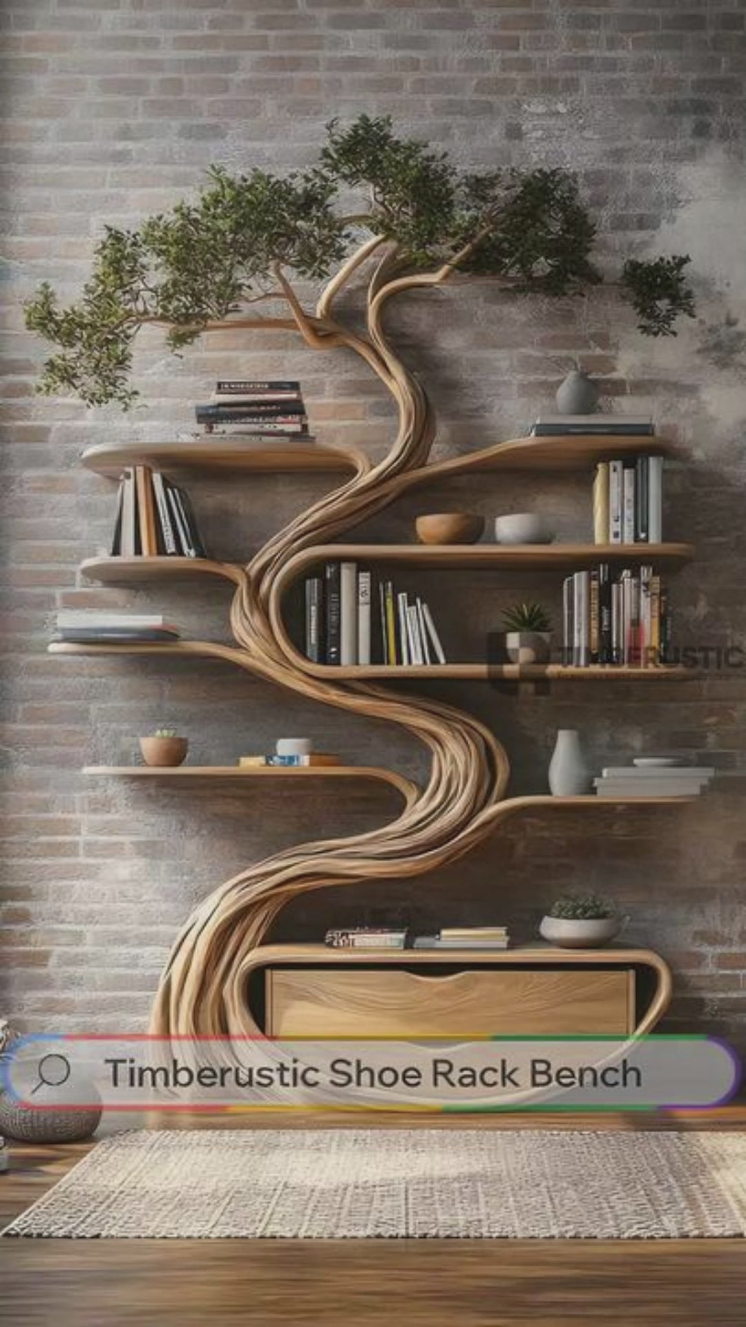 Vaelrith Sculpted Solid Wood Tree Bookshelf with Drawers