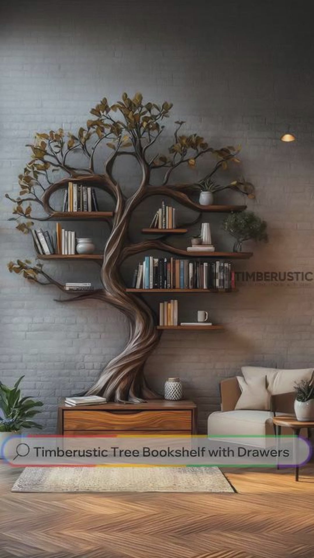 Velmirath Sculpted Solid Wood Tree Bookshelf with Drawers
