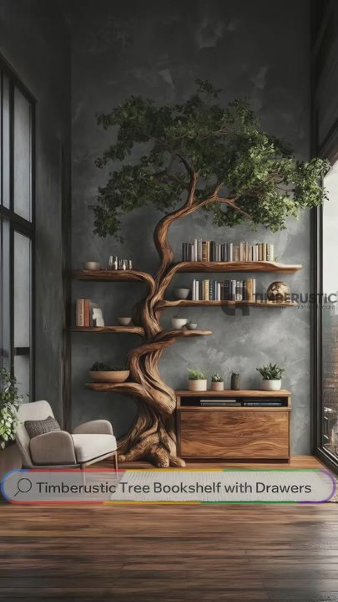 Sylveroak Organic Modern Tree Bookshelf with Drawers