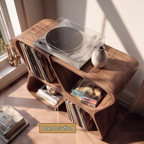 Harmona Sculpted Solid Wood Record Player Stand With Storage - Timberustic Record Player Stand With Storage