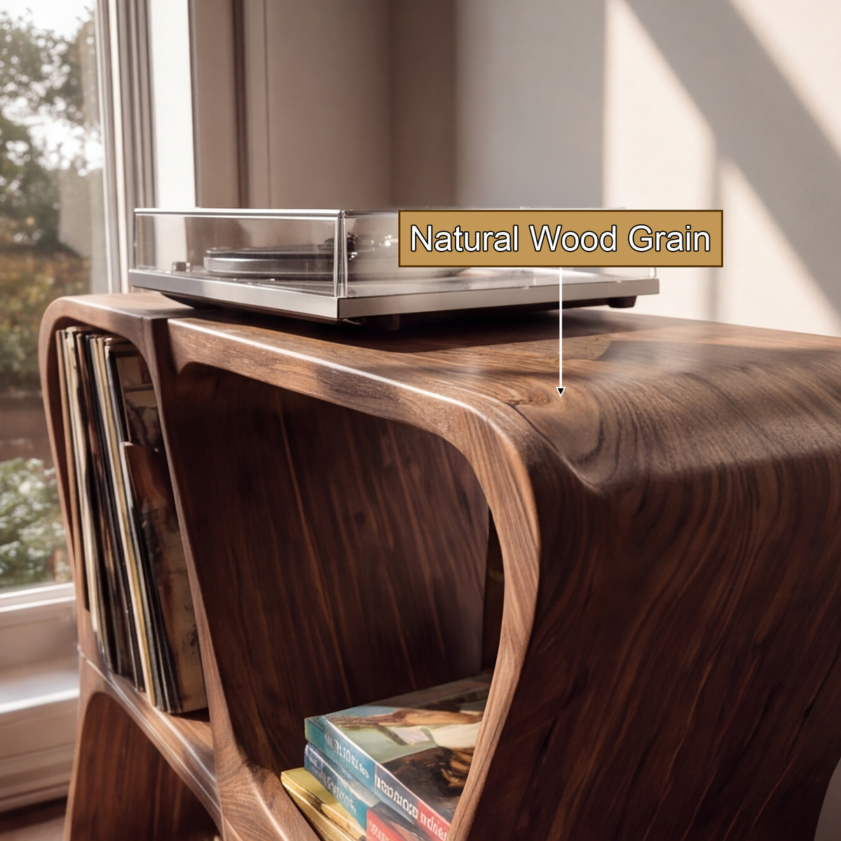 Harmona Sculpted Solid Wood Record Player Stand With Storage - Timberustic Record Player Stand With Storage